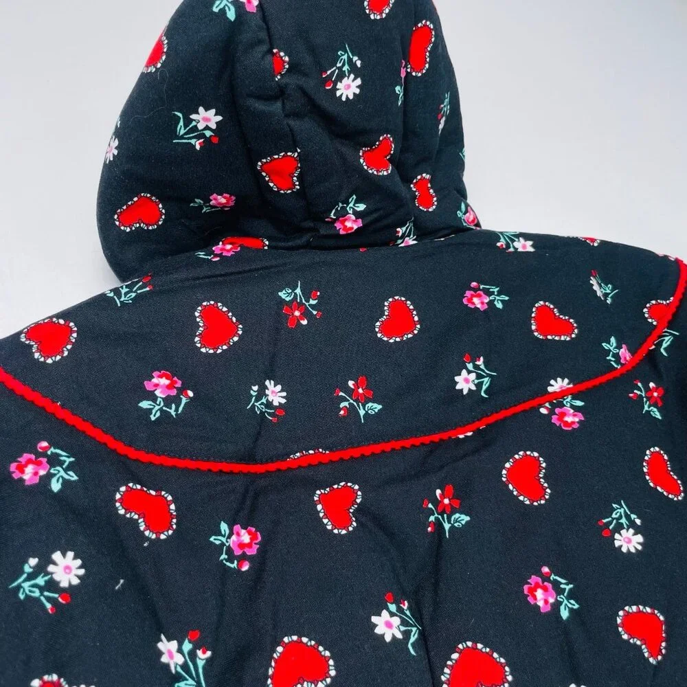 Vintage Baby Girls Black + Red Heart + Floral Print Winter Puffer Coat 12m
